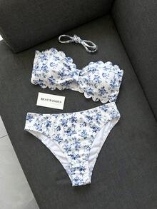 Swim Mod 女款泳衣，女孩，鏤空荷葉邊，花瓣邊飾平口式，甜美可愛，碎花圖案，紋理羅紋布料 - 彩色 - 查看 3