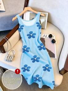 SHEIN Blumen- & Perlen-Muster, Rundhals Digitaldruck Perlen Casual Kleid, bequem für den Urlaub, Sommerkleid - Verschiedenfarbig - Übersicht 1