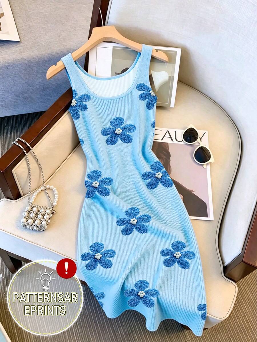 SHEIN Blumen- & Perlen-Muster, Rundhals Digitaldruck Perlen Casual Kleid, bequem für den Urlaub, Sommerkleid - Verschiedenfarbig - Übersicht 1