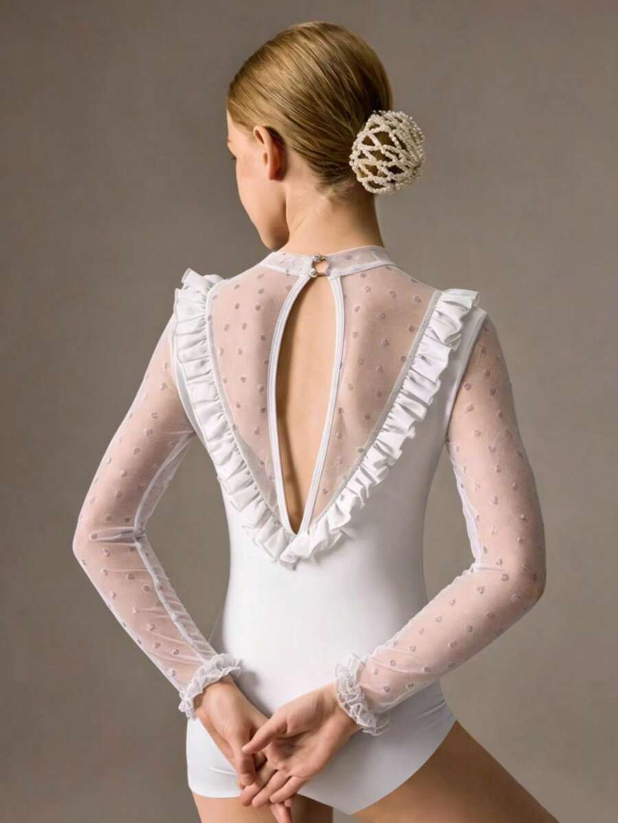 SHEIN Tween Girl Mesh Patchwork Long Sleeve Knit Jumpsuit, Suitable For Ballet Dance, Training Classes And Various Sports Exercise Occasions. - White - View 1