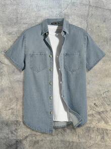 AXEPEAK Men's Short Sleeve Single-Breasted Casual Pocket Denim Shirt - Blue - View 1