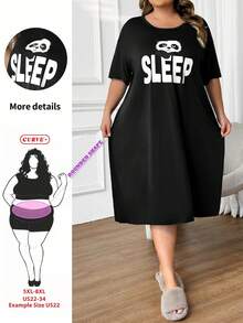 SHEIN CURVE+ Plus Size Women Round Neck Letter & Panda Print Casual Party Dress - Black - View 1