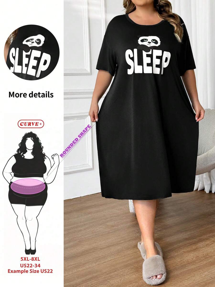 SHEIN CURVE+ Plus Size Women Round Neck Letter & Panda Print Casual Party Dress - Black - View 1