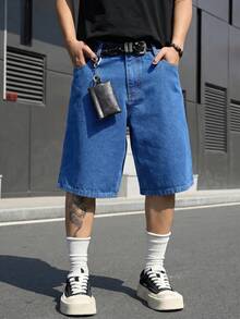 Manfinity EMRG 男士街頭風休閒刺繡藍色牛仔短褲 - 中等水洗藍 - 查看 8