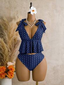 Swim Mod Women's 2-Piece Summer Beach Swimsuit Set, Brown Plaid Print Thick Strap Tie Top With Double Side Ruched Drawstring Bikini Bottoms - Navy Blue - View 4