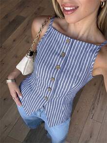 Aloruh Women's Elegant Square Neck Sleeveless Striped Lightweight Blazer Vest - Blue - View 1