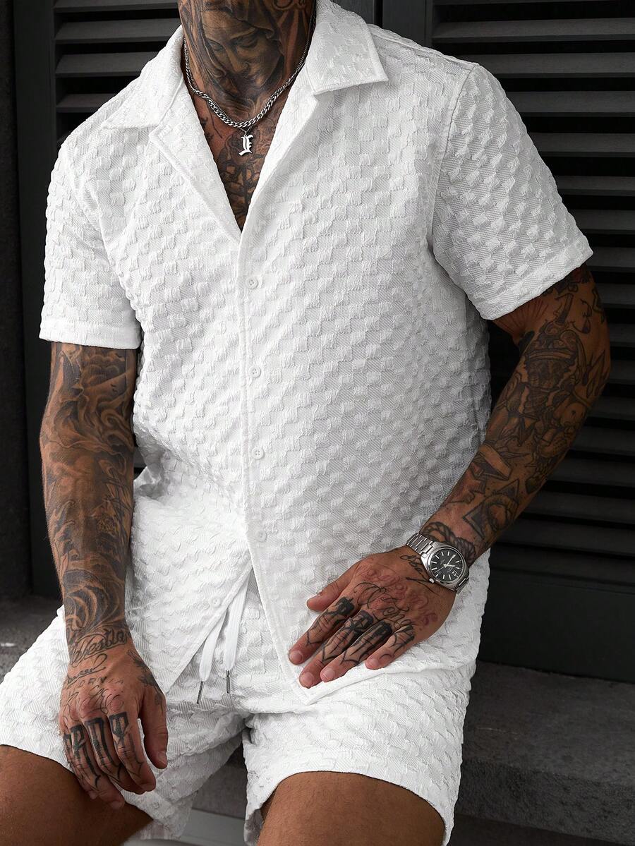 SLATEMANN Men's Solid Color Textured Shirt And Shorts Set, Ceremony - White - View 1