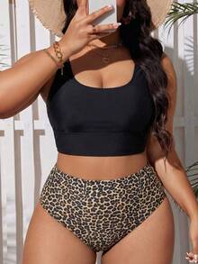 SHEIN Swim Curve 大尺碼女款純色背心上衣與豹紋三角比基尼泳褲泳裝套裝 - 黑色 - 查看 1