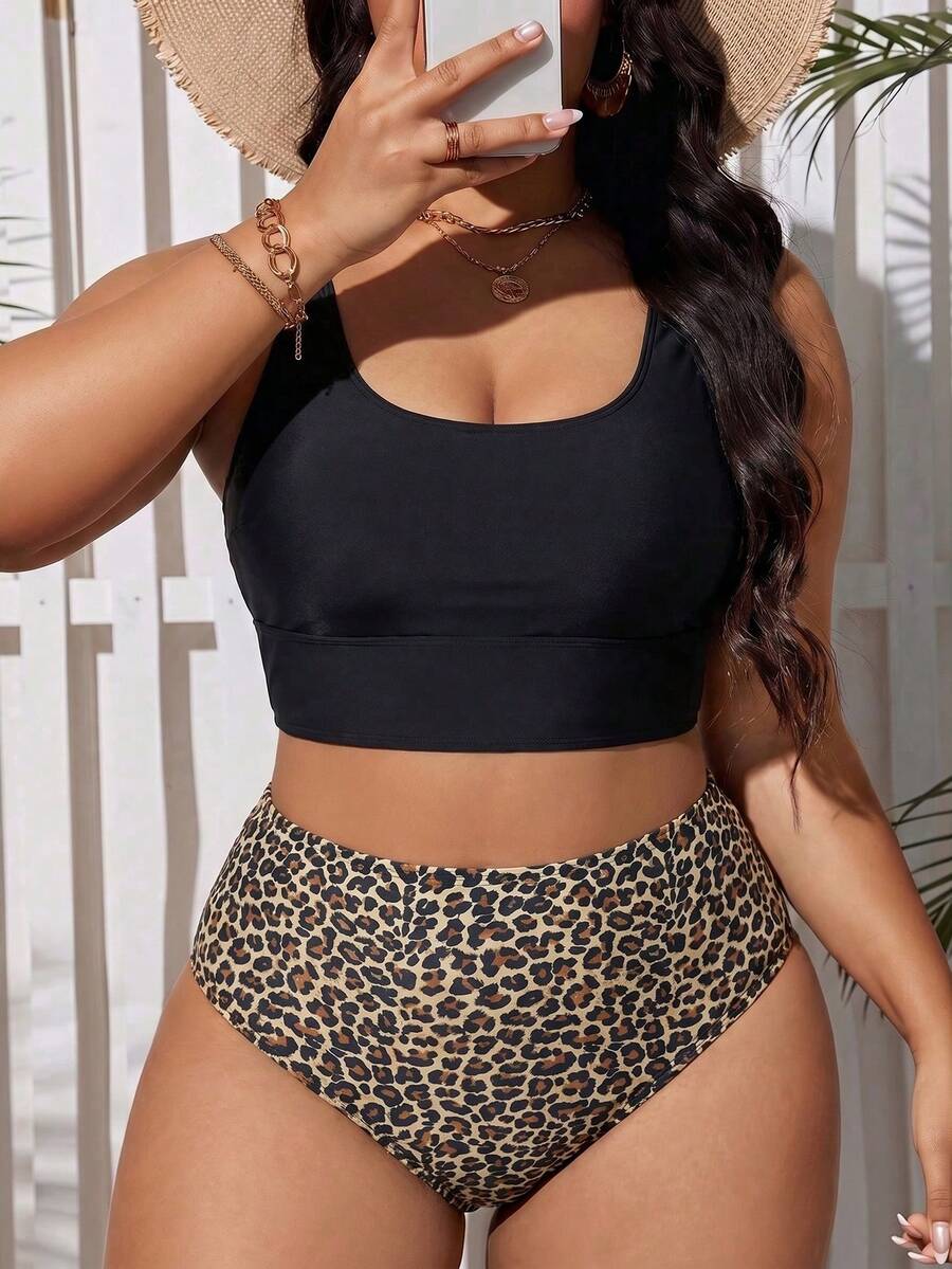 SHEIN Swim Curve 大尺碼女款純色背心上衣與豹紋三角比基尼泳褲泳裝套裝 - 黑色 - 查看 1
