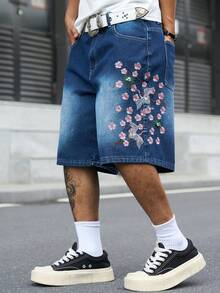 Manfinity EMRG 男士街頭風休閒刺繡藍色牛仔短褲 - 深色水洗藍 - 查看 8