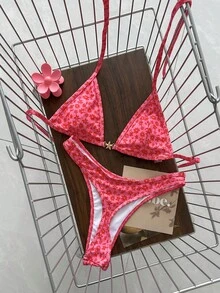 Swim Vcay 春夏季純色三角掛脖露背綁帶上衣與比基尼泳褲女款海灘度假性感兩件式泳衣套裝 - 玫紅色 - 查看 3