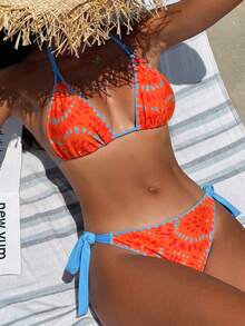 Swim Vcay Setelan Baju Renang Dua Potong Wanita Musim Panas untuk Pantai dengan Motif Cetak Seluruh Permukaan, Model Halter Neck Ikat, dan Bawahan Segitiga - MultiWarna - View 5