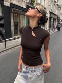 Aloruh Women's Fashionable New Chinese-Style Stand Collar Pullover Knit Top, Solid Color Coffee, Suitable For Back To School And Teachers - Coffee Brown - View 1