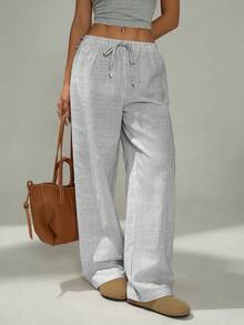 SHEIN Tall CURVE Pantalon long ample et polyvalent à jambes larges avec taille à cordon de serrage et rayures pour femmes grandes tailles - Bleu marine - Voir 5