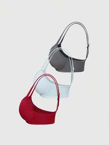 SHAPORA 3pcs Spaghetti Strap Solid Color Bras & Wireless Bras (Red + Dark Grey + Blue) - Multicolor - View 8