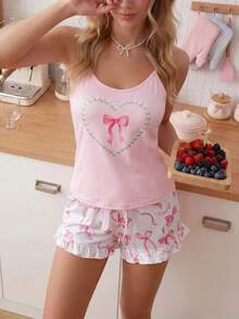 SHEIN Casual Underwear&Sleepwear 可爱蝴蝶结装饰 Y2K 风格女士睡衣套装 - 彩色 - 查看 4