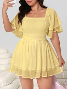 Solflare Plus Size Women's Solid Color Ruffle Sleeve Square Neck Pleated High Waist Jumpsuit - Pale Yellow - View 1