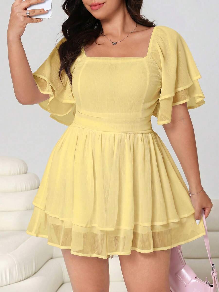 Solflare Plus Size Women's Solid Color Ruffle Sleeve Square Neck Pleated High Waist Jumpsuit - Pale Yellow - View 1