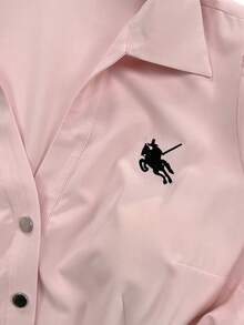 Sweetra 時尚百搭刺繡V領修身梭織夏季女款襯衫 - 粉色 - 查看 7