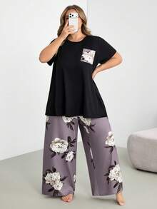 SHEIN CURVE+ Große Größen bedrucktes Kurzarm-Langhose-Pyjama-Set, Outfits - Verschiedenfarbig - Übersicht 6