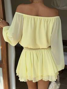 Sunnyshic Women's Autumn Pale Yellow Chiffon Off-Shoulder Mini Dress, Beach Vacation Outfit, Italian Rave - Yellow - View 2