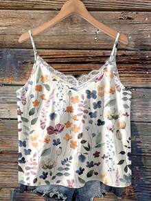 Mellowie Watercolor Floral Plus Size Women's Contrast Lace Camisole Tank Top - Multicolor - View 2