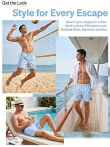Palasendo Men's Palm Tree & Striped Drawstring Waist Beach Shorts, Holiday - Baby Blue - View 6