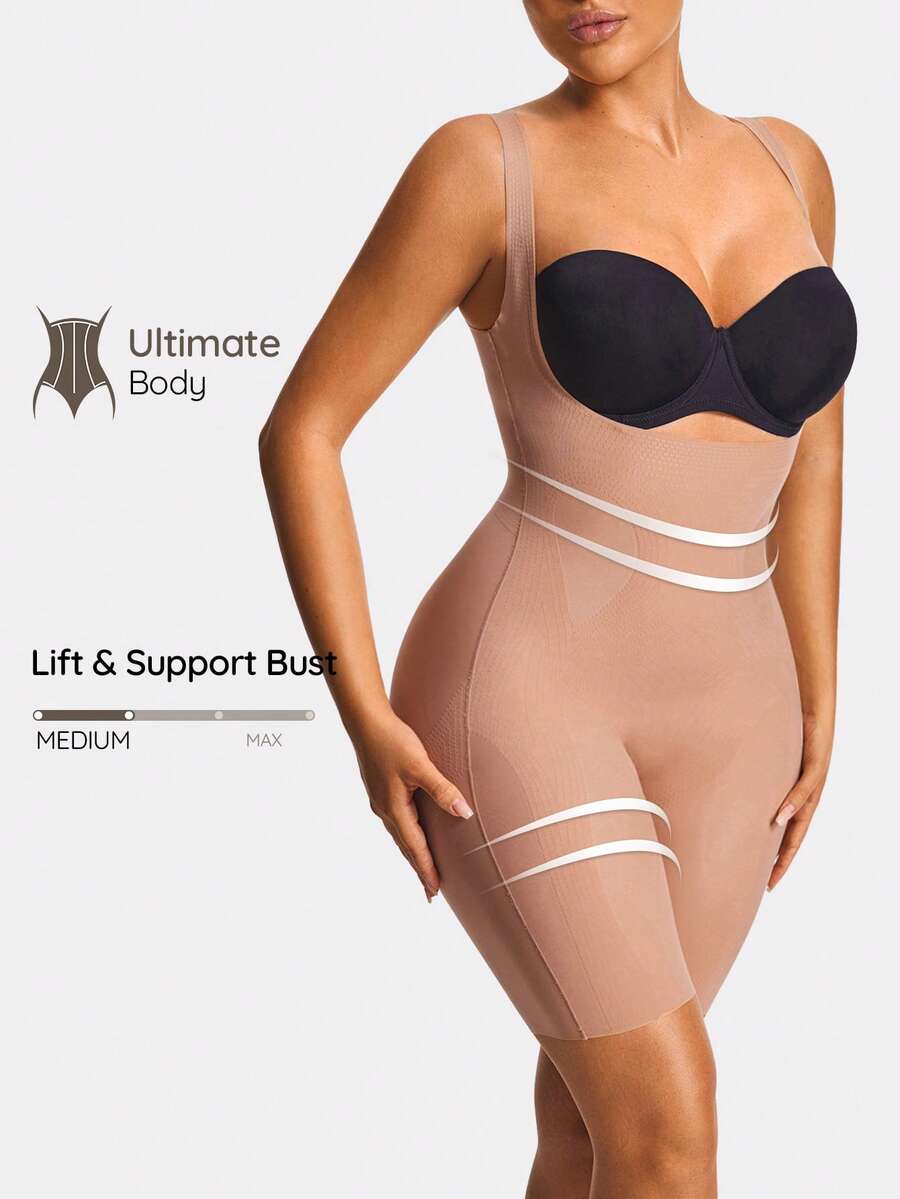 SHAPORA 1 pieza Enterizo moldeador de unicolor con cuello en V profundo para mujeres - Café integral - Ver 1