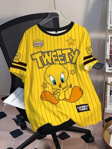 LOONEY TUNES X SHEIN 大码夏季休闲条纹卡通图案圆领短袖T恤 - 白色 - 查看 3