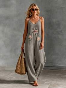 Faunlyn Women's Vacation Casual Floral Embroidered Spaghetti Strap Jumpsuit - Multicolor - View 9