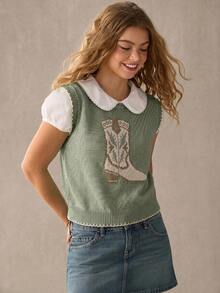 WESTFADE Cowboy Boot Contrast Stitch Sweater Vest Top, Country Style For Women - Green - View 4