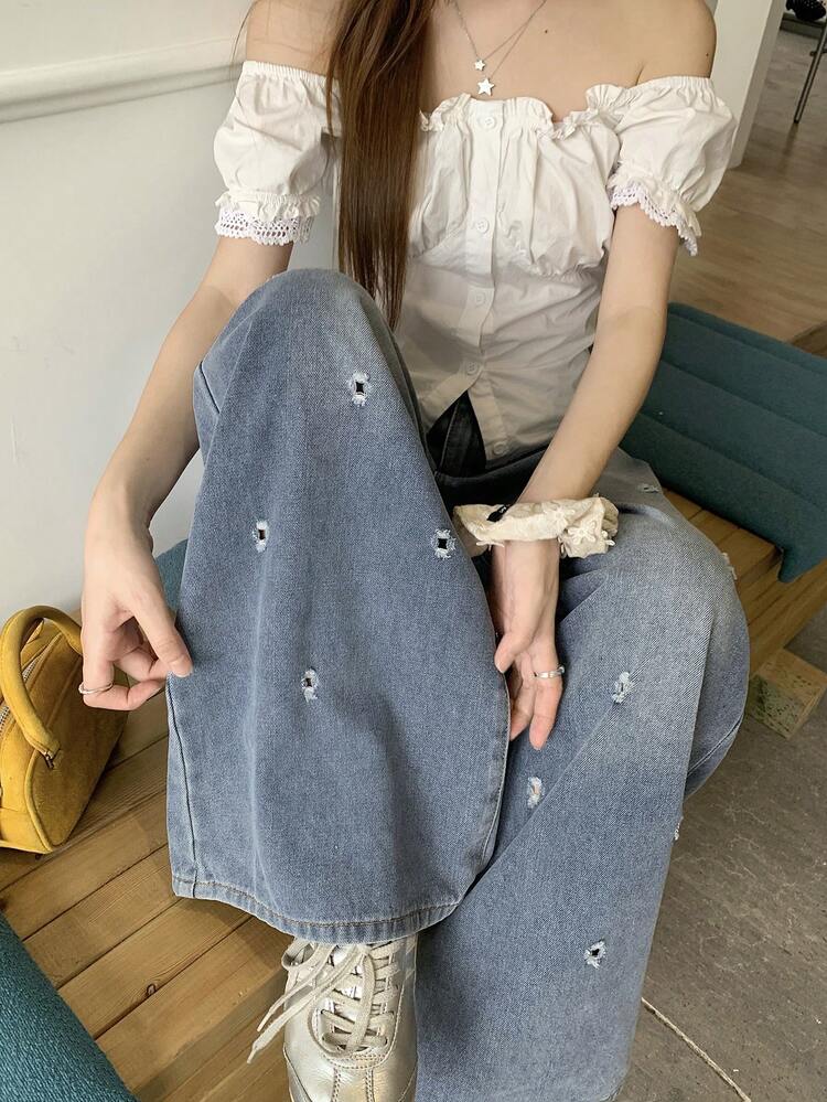 Women's Loose Fit Washed Distressed Casual Vintage Denim Jeans