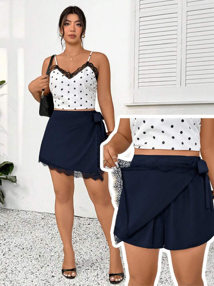 SHEIN Frenchy Plus Size Women's Lace Trim Casual Versatile Daily Skirt Pants - Navy Blue - View 9