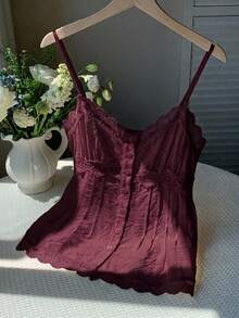 Comfortcana Women's Solid Color Contrast Lace Single-Breasted Camisole Top - Brown - View 7