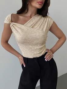 Firerie Spring/Summer Elegant Asymmetric Shoulder Cross Wrap Metal Trim Decor Cinched Waist Pleated Floral Beige Slim Fit Bodycon T-Shirt Bodysuit Brunch - Khaki - View 4