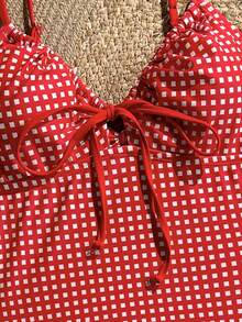 Swim Mod Women's Red Plaid Random Print Drawstring Front One-Piece Swimsuit, Suitable For Summer Beach Vacation - Red - View 7