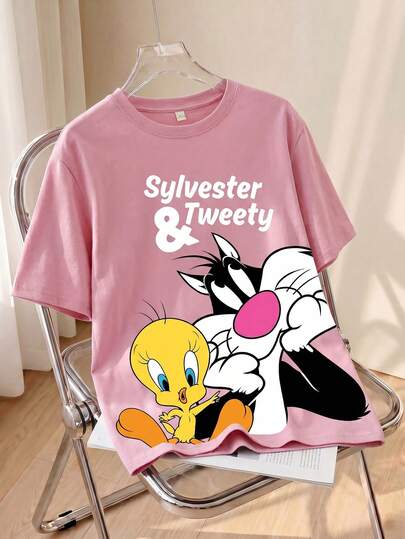 LOONEY TUNES X SHEIN Plus Size Women's Round Neck Short Sleeve Casual T-Shirt,