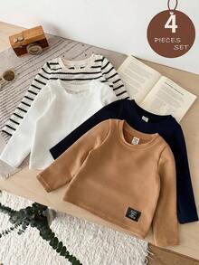 LMoss Kids 4pcs Baby Boy Knitted Solid Striped Crew Neck Casual Tops Set - Multicolor - View 6