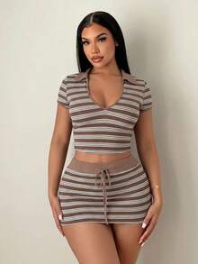 SHEIN SXY 大尺碼女款條紋短袖T恤與裙子休閒兩件套 - 卡其色 - 查看 3