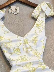 Nuevo vestido elegante con estampado, cuello en V y cintura con lazo - Amarillo - Ver 3
