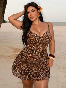 Dazy Plus Vestido corto de tirantes mini casual sexy estilo blogger con estampado de leopardo y encaje de contraste, vestido de verano tipo sundress para mujer talla grande, primavera-verano - Marrón - Ver 5