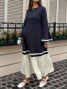 DAZY Color Block Patchwork Small Round Neck Casual Loose Short Sleeve Long Maternity Dress For Girls, Spring/Summer - Navy Blue - View 4