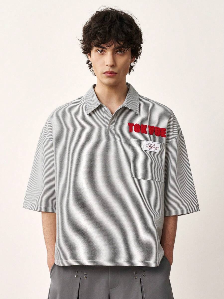 TOKVUE Men's Summer Workwear American Street Style Retro Towel Embroidery Loose Short Sleeve POLO Shirt Top