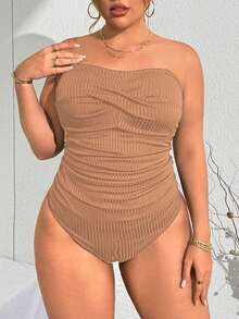 SHEIN Swim Curve 大尺碼女款純色平口細肩帶一件式休閒度假時尚泳衣 - 藕粉色 - 查看 5