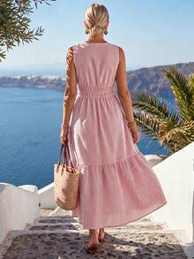 Linhara CURVE Damen Französisch Elegant Lässig Urlaub Pendeln, Gewebter Blau-Weiß Gestreifter Druckstoff, V-Ausschnitt Ärmellos Taillenbetont Schlankmachend Ausgestelltes Kleid, Damenkleid, Sommer Damenkleid, Sommer Outfit, Strand Outfit, Strandkleid, Ausflugskleid, Damen Urlaub Outfit, Urlaubskleid, Damen Lässig Kleid - Verschiedenfarbig - Übersicht 2