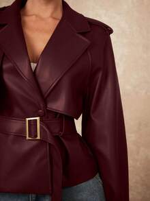 Lumalex Women's Solid Color Lapel NeckRaglan Sleeve Casual Trench Coat Jacket - Burgundy - View 5