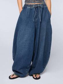COUREZ Elasticated Waist Baggy Balloon Jeans / Y2K Autumn Outifts For Women Casual Outfits Autumn Jeans Going Out Outfits Rave Outfits Autumn Denim Joggers - Dark Wash - View 5