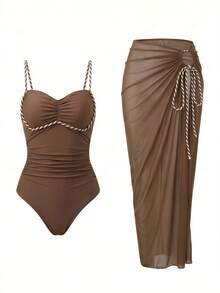 Bonvoyette Damen-Einteiler-Badeanzug für Frühling, Sommer und Herbst, Strandurlaub, neu, sexy, mit geflochtenem Seil, Farbverlauf-Digitaldruck und Farbverlauf-Netzrock, Premium-Badeanzug-Set - Mokka-Braun - Übersicht 5