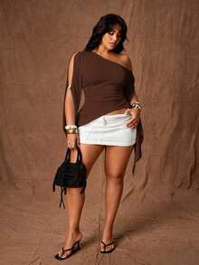 Rustia Plus Size Women's Solid Color Spicy Style One Shoulder Fashion Top Fall - Brown - View 6
