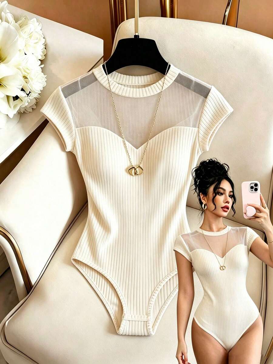 SHEIN Franclia 奶油白夏季誘惑派對雞尾酒會夜店外訪優雅性感女款連身衣,圓領網紗拼接羅紋面料,春秋款 - 杏色 - 查看 1